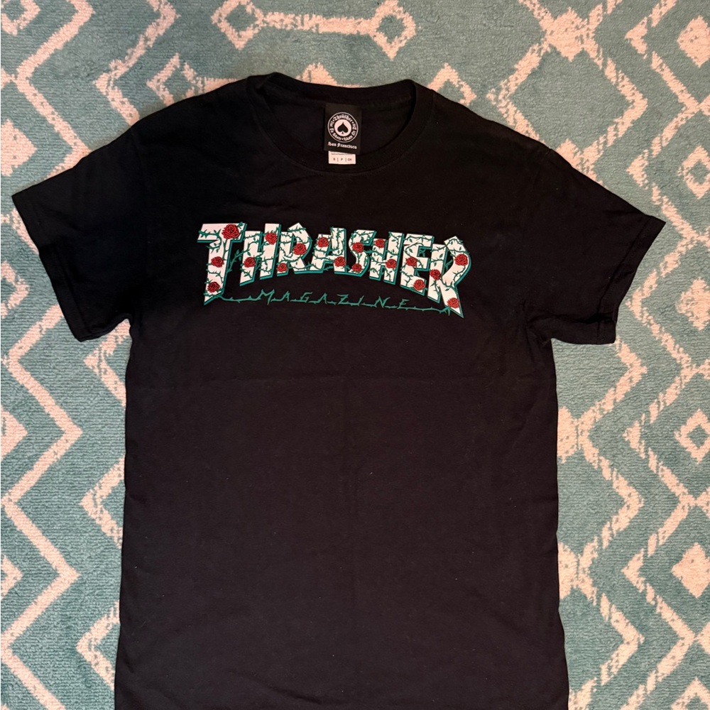 Thrasher Black Tee with Red Roses